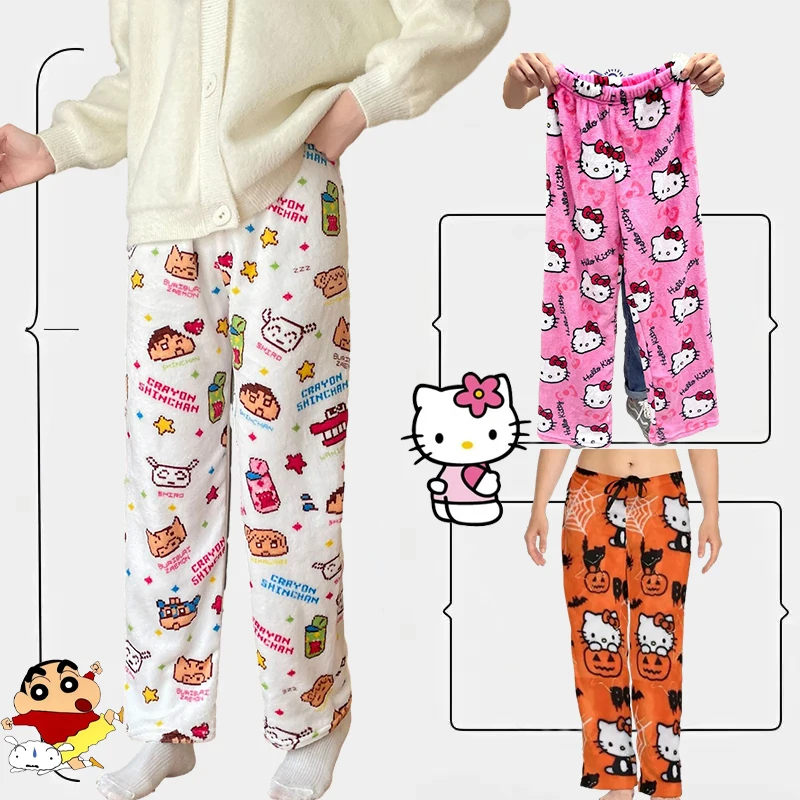 

New Autumn and Winter Crayon Shin-Chan Hello Kitty Cartoon Pants Y2K Women's Home Fur Pants Ktcat Printed Casual Warm Pants Gift