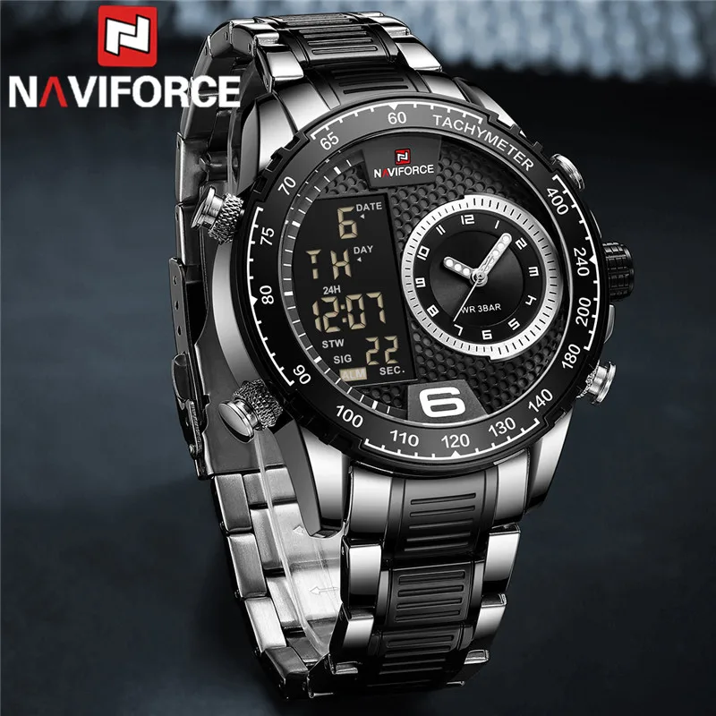 Часы наручные NAVIFORCE Мужские кварцевые брендовые роскошные Цифровые спортивные в