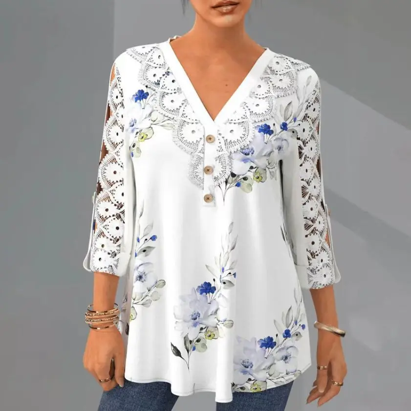 

Blusa 2022 Boho Floral Print Tops Women Fashion Lace Crochet Half Sleeve Blouses and Shirts Summer V-neck Loose Casual Blouse