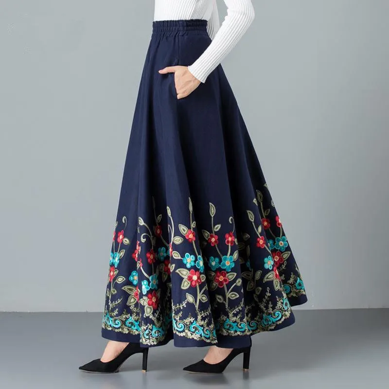 

Mom elegant Embroidered Maxi pleated skirt Women Plus Size Winter Warm Woolen Long Skirt Lady High Waist Casual Wool Office saia