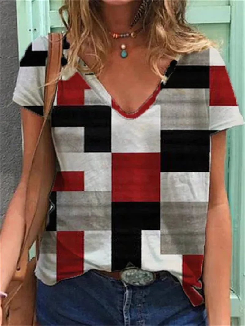 

Summer Check Print Short-Sleeved V-Neck Women's T-Shirt Fashion Casual Versatile Commuter Tops Female & Lady Clothing