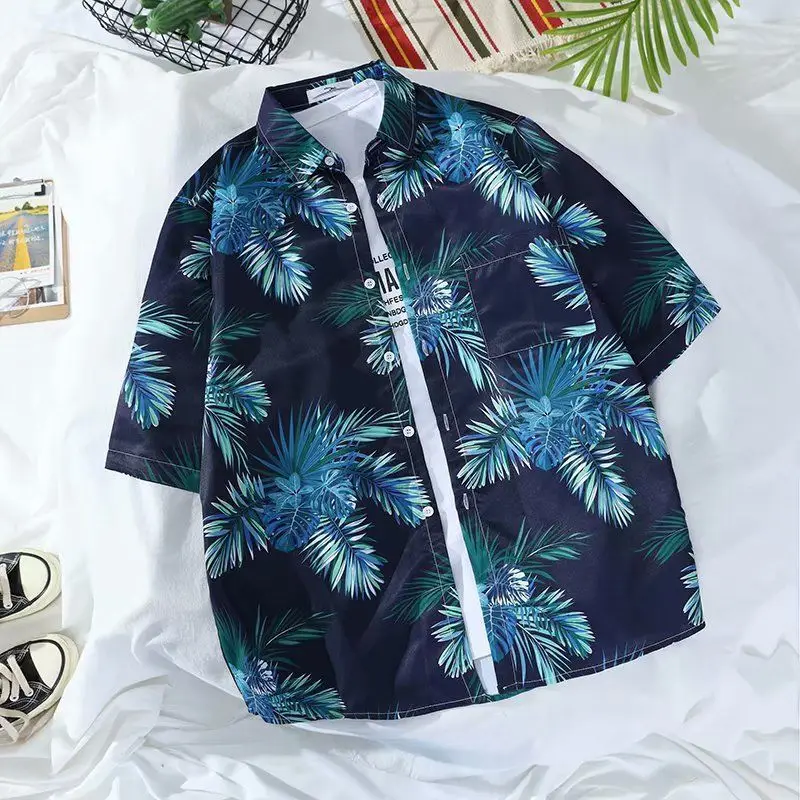 

Summer Korean Short-sleeved Shirts Hong Kong Style Retro Loose Seaside Vacation Hawaiian Flower Shirts Beach Couples Tide