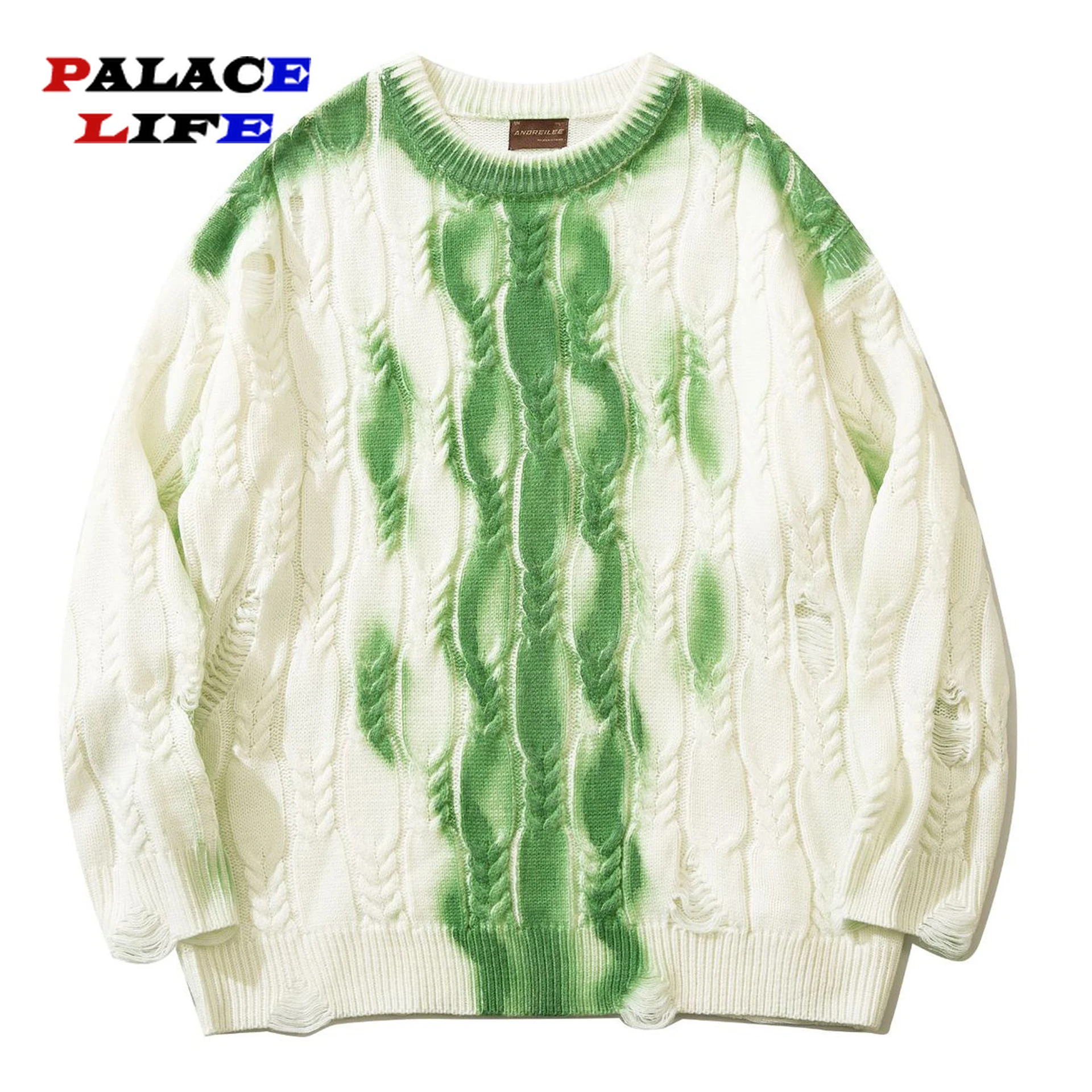 

2022 New Harajuku Fashion Casual Pullovers Clothes Autumn Men Hole Knitted Jumper Sweaters Hip Hop Striped Print 2022 Streetwear