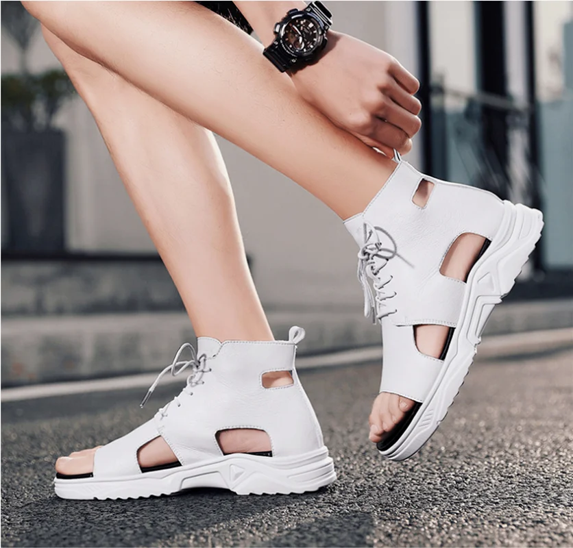 

NEW Fashion High-top Men Summer Sandals BeachLace-up Open Toe Shoes Highten Soft Sneakers Outdoor Walking Breathable