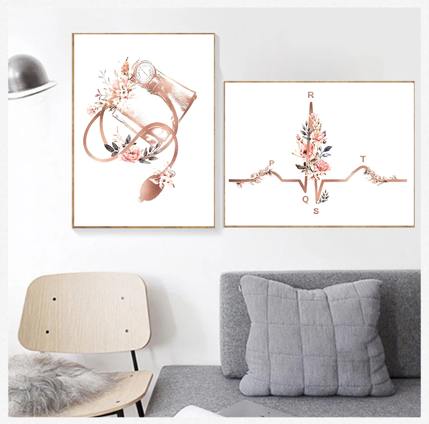 

Cardiologist Office Wall Art Pictures Canvas Painting Decor Doctor Gift Heart Stethoscope EKG Flower Medical Posters and Prints