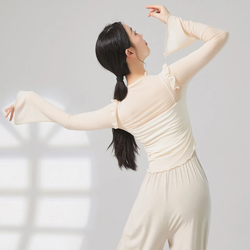 Женский костюм для танцев с длинным рукавом сетчатая рубашка оборками на плечах