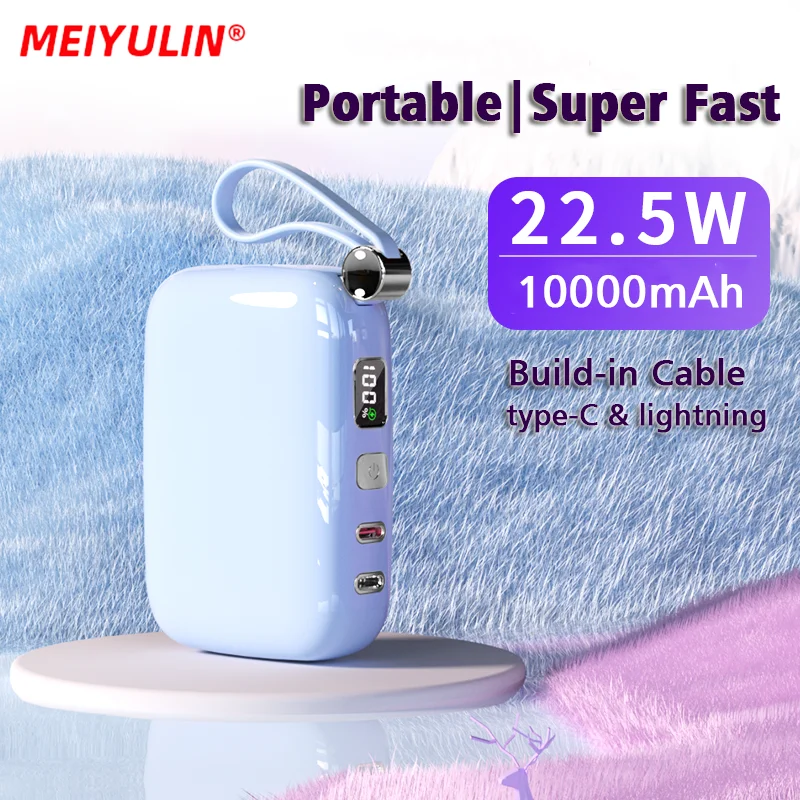 

Portable 10000mah Power Bank PD Fast Charger Build-in Cable External Spare Battery Small Powerbank For iPhone Xiaomi Samsung