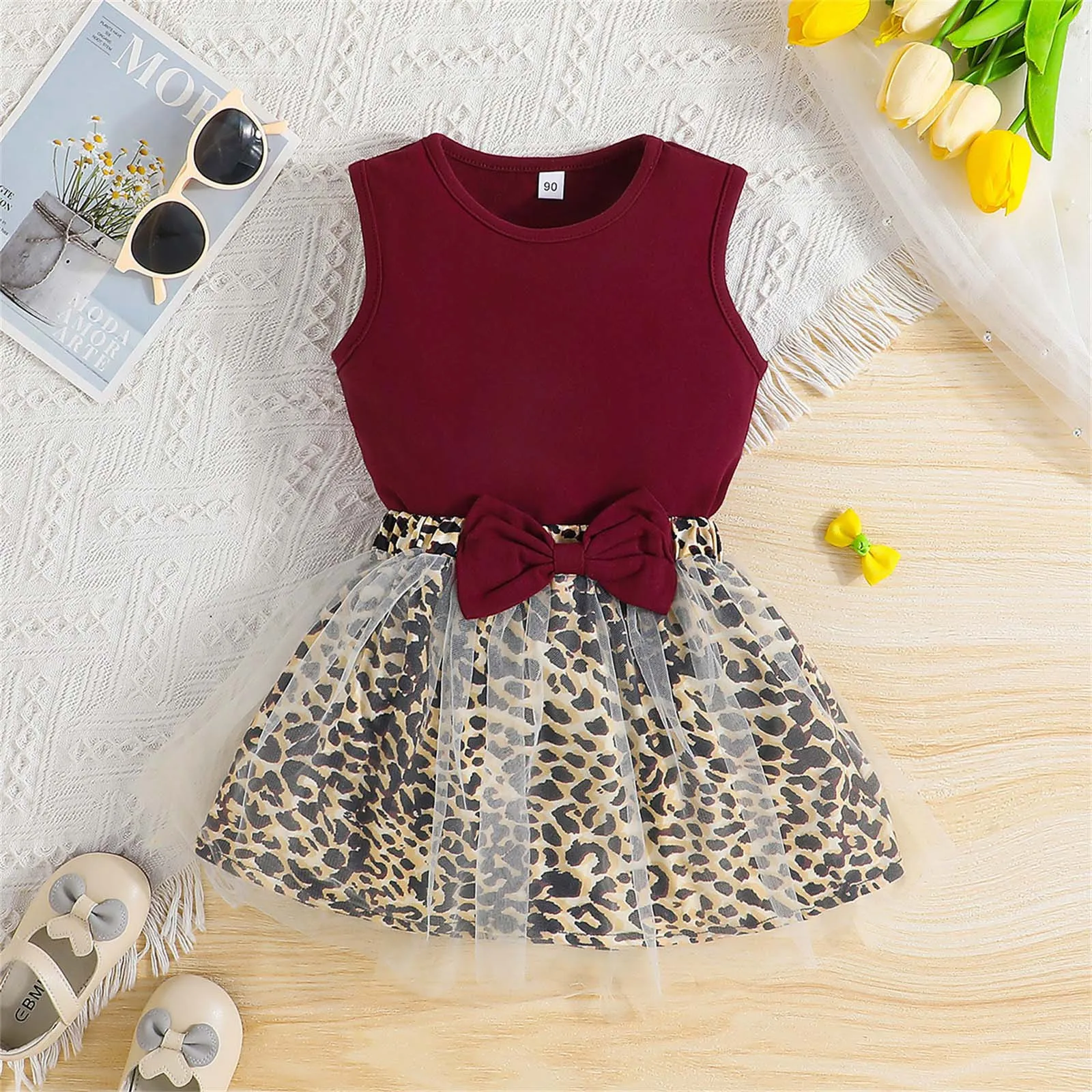 

2-6Y Kids Clothes Sets Girls 2Pcs Skirt Suit Wine Tank Top and Mesh Leopard Skirts Sweetwear Summer Children Outfit For Girls