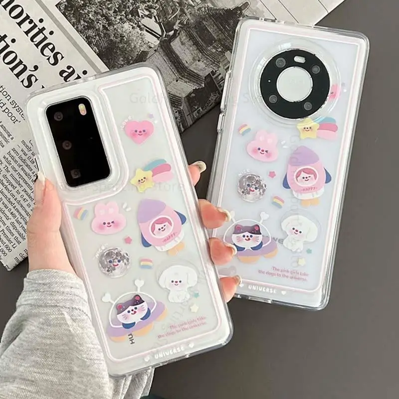 

Cute Cartoon Acrylic Space Case For Huawei P50 P40 Pro Soft TPU Bumper Hard Protective Cover For Mate 40 30 Pro Shockproof Cover
