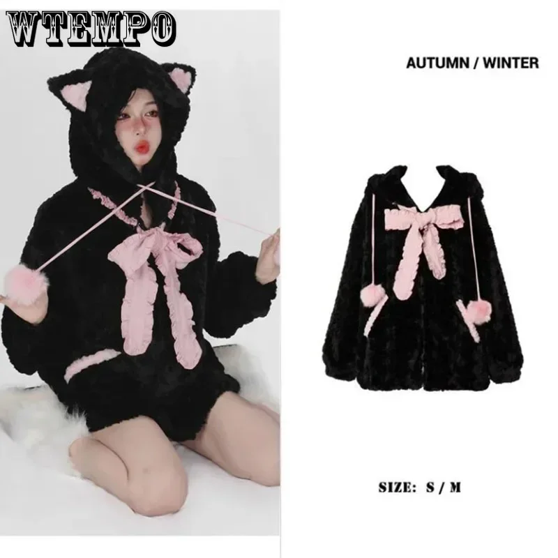 

Black Cat Ears Cute Hoodie Warm Plush Women Loose Long Sleeve Hooded Cardigan Hotsweet Korean Fashion Preppy Style Autumn Winter