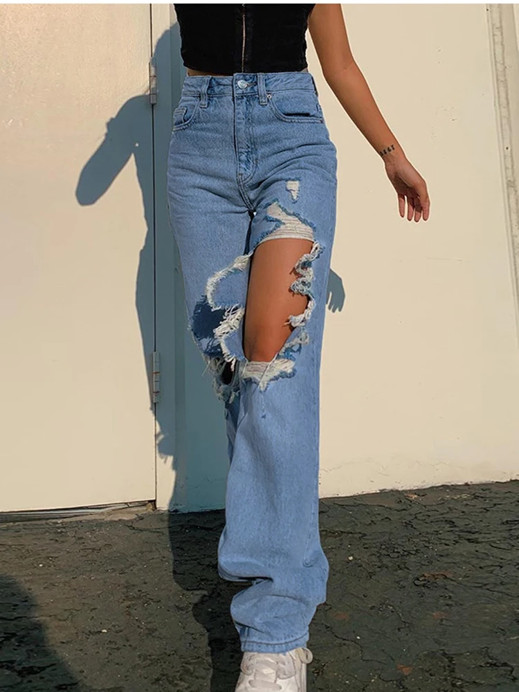 2022 Summer Women's Jeans Trend New High Waist Loose Hole Wide Leg Casual Girls Pants Ripped Streetwear Destroyed Trousers