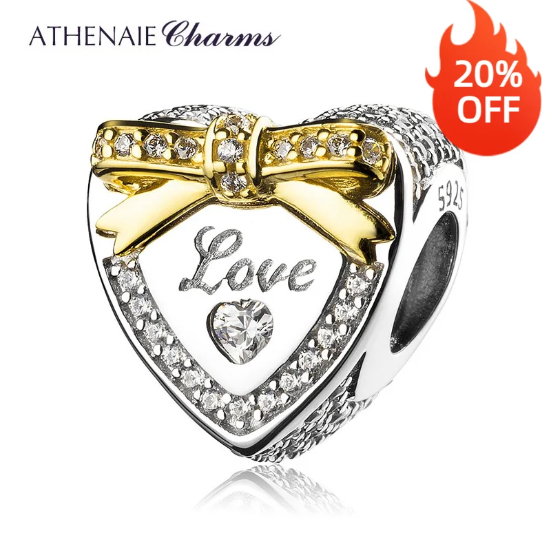 

ATHENAIE 925 Sterling Silver CZ Pave 18kt Gold Bow Sparkling Love Heart Charms Fit Women Bracelets Bangle for Valentine's Day