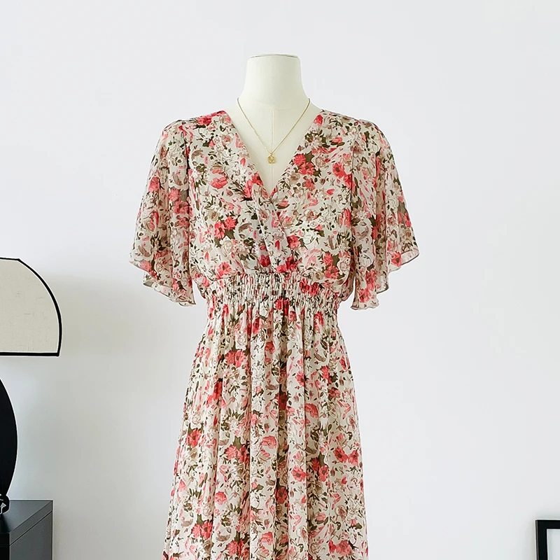 Женское шифоновое платье-трапеция с цветочным принтом V-образным вырезом и