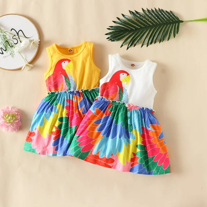 

Hot Selling Summer Dress Kids Dresses for Girls Cotton Sleeveless Parrot Feather Girls Dresses Colorful Soft Casual Dress 1-6Y