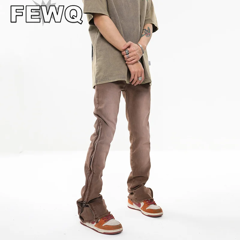 

FEWQ Burrs Men's Zipper Split Jeans High Street Micro Flared Male Denim Trousers Solid Color Autumn Stylish New Pants 24B2579