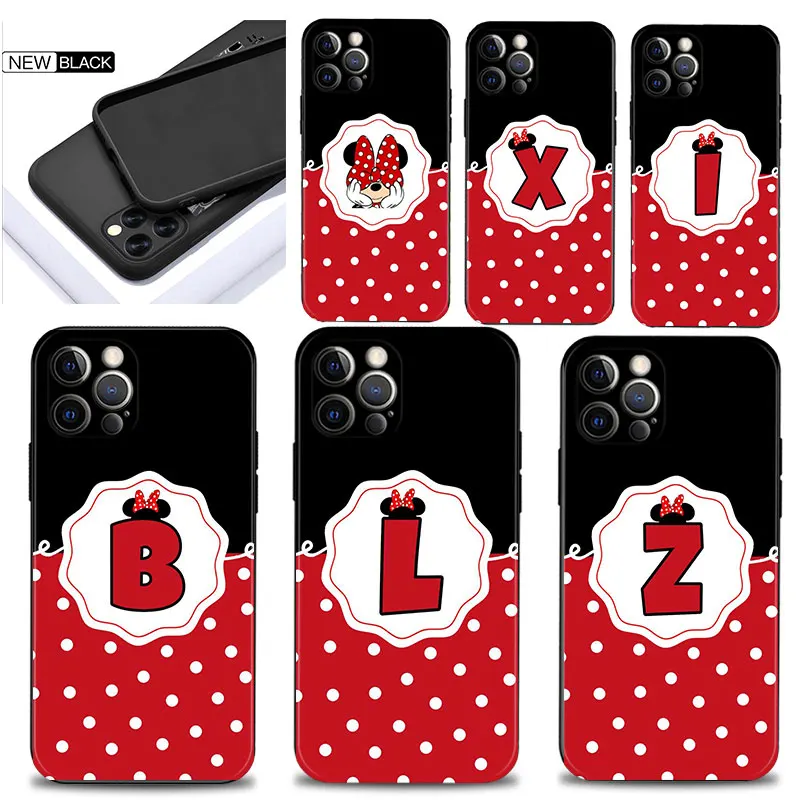 

Case For iPhone 11 12 13 14 Pro Max Mini 6 6S 7 8 Plus X XS Max XR SE(2022) Coque Minnie Letters Red Black White Dot Background