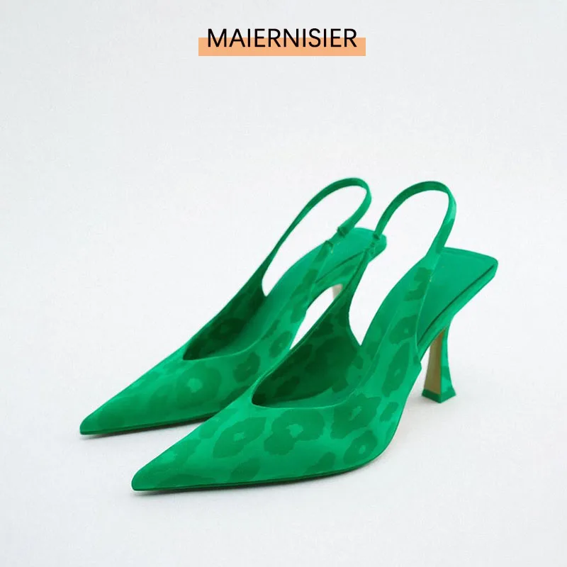 

2022 Spring New Women'S Shoes Green Slingback Fashion High-Heeled Sandals Stiletto Back Strap Pointed Toe Shoes Women