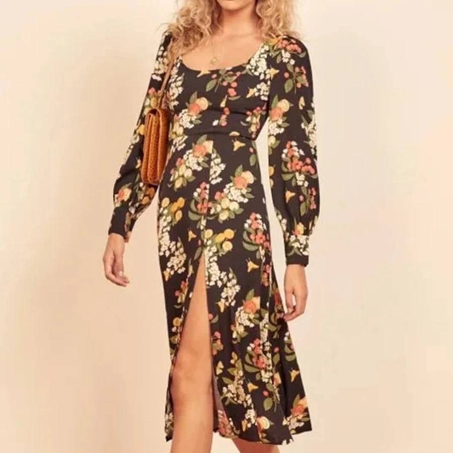 

Withered 2023 France Style Vintage Indie Folk Floral Print Square Collar Midi Dress Sexy Forking Beach Holiday Summer Dress