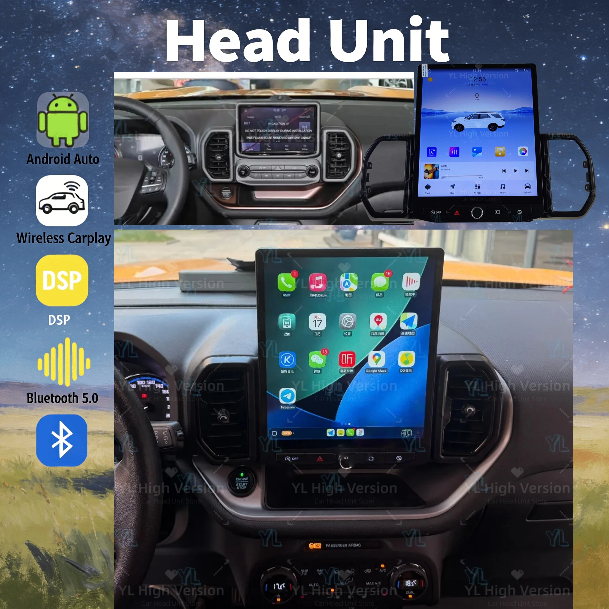 Фото Для Ford Bronco Sport 2021-2024: Автомобильная мультимедийная система с Android 13, CarPlay, GPS-навигацией, сенсорным экраном и Bluetooth 5.0 №1