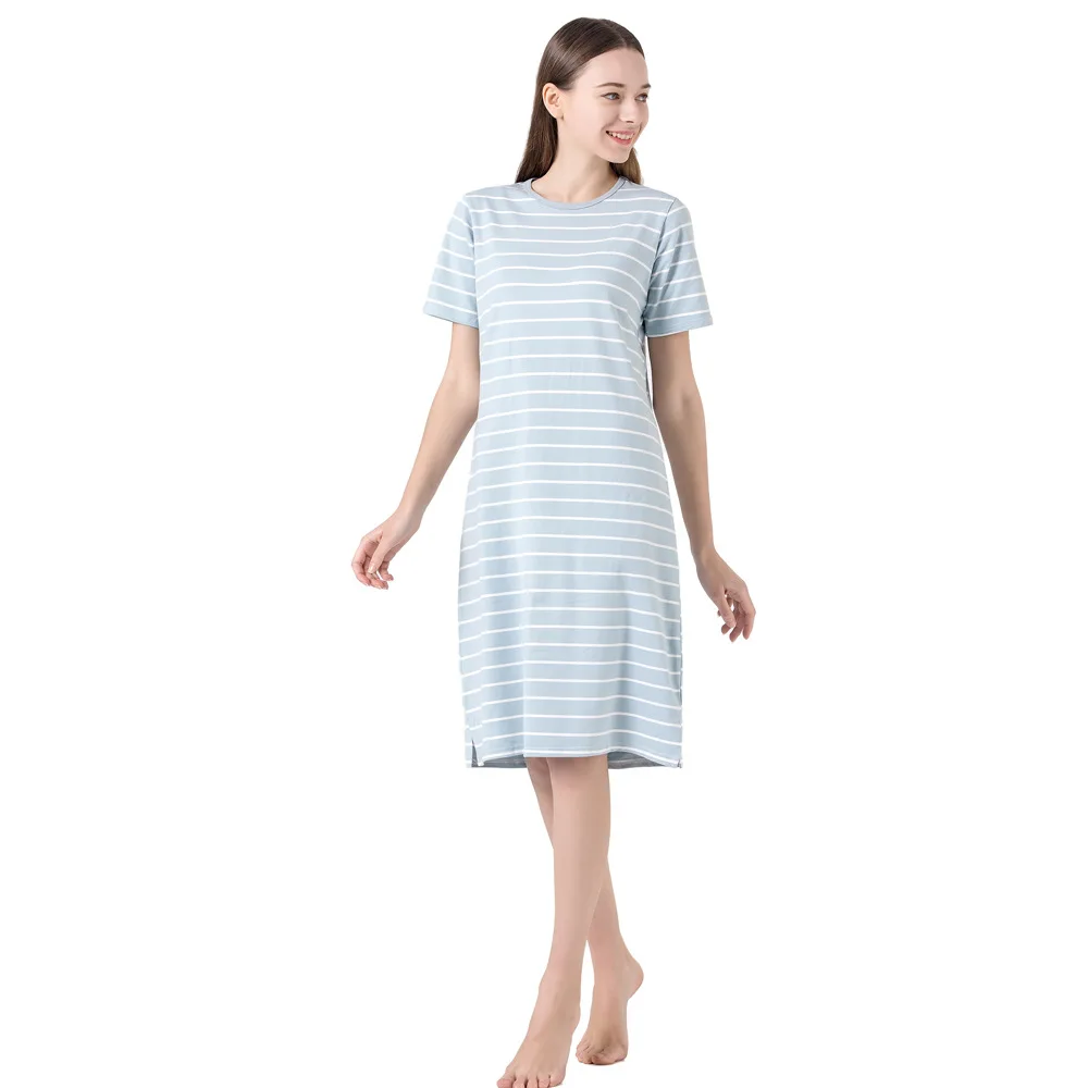 Spring and Summer Home Clothes Striped Dress Women Plus Size Short-sleeved Cotton Nightwear Sleep Tops Sexy Sleepwear Night Gown