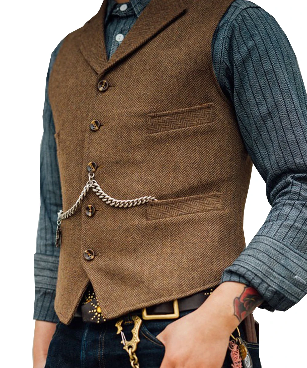 

Men's Suit Vest Brown Wedding Wool Tweed Business Waistcoat Jacket Casual Slim Fit Gilet Homme Vests For Groosmen Man Wedding