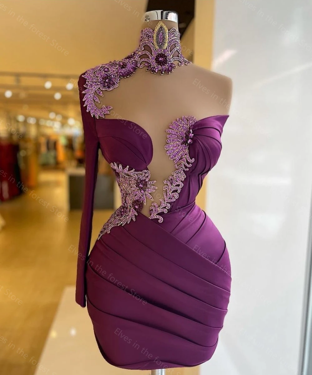 

Sexy Mini Short Cocktail Dresses High Neck Long One Sleeve Shiny Beads Crystals Appliques Prom Gowns Evening Party Gowns