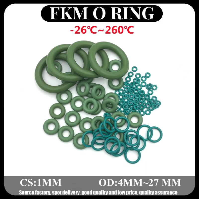 

50pcs Superior FKM Fluorine Rubber O Ring CS 1mm OD 4mm ~ 27mm Sealing Gasket Insulation Oil High Temperature Resistance Green