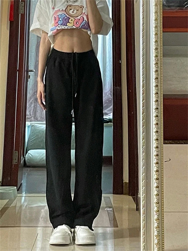 

Women's Grey Drawstring Sweatpants Fashion High Waist Straight Wide Leg Pants Simplicity Baggy Bind Feet Trouser Ladies Autumn