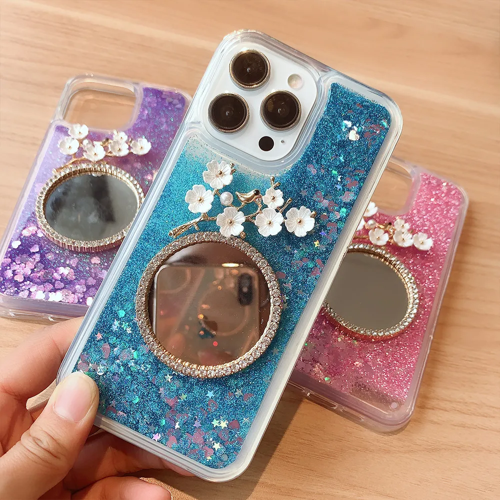 

Glitter Bling Liquid Sakura Makeup Mirror Case for IPhone 14 13 12 11 Pro Max X Xr Xs Quicksand Fundas Cover For iPhone 8 7 Plus