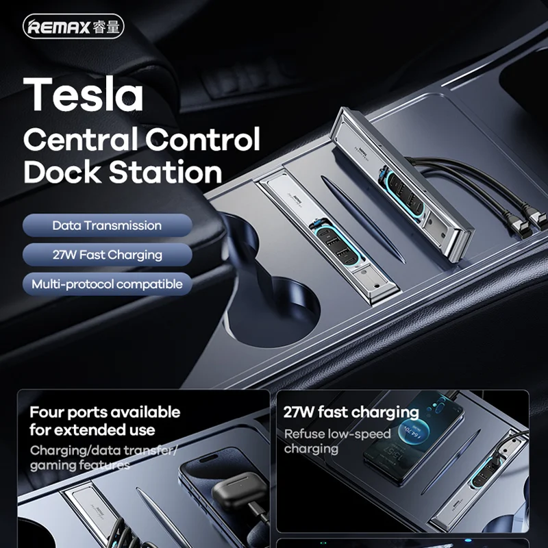

REMAX 27 Вт Быстрая зарядка 4-портовый USB расширения подходит для Tesla многофункциональная док-станция Центрального управления освещением