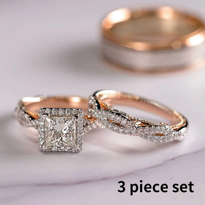 

Inlaid Cubic Zirconia Three-piece Ring New Fashion Rose Gold Sparkling Square Zirconia Cross Niche Design Luxury Oil Drip Ring