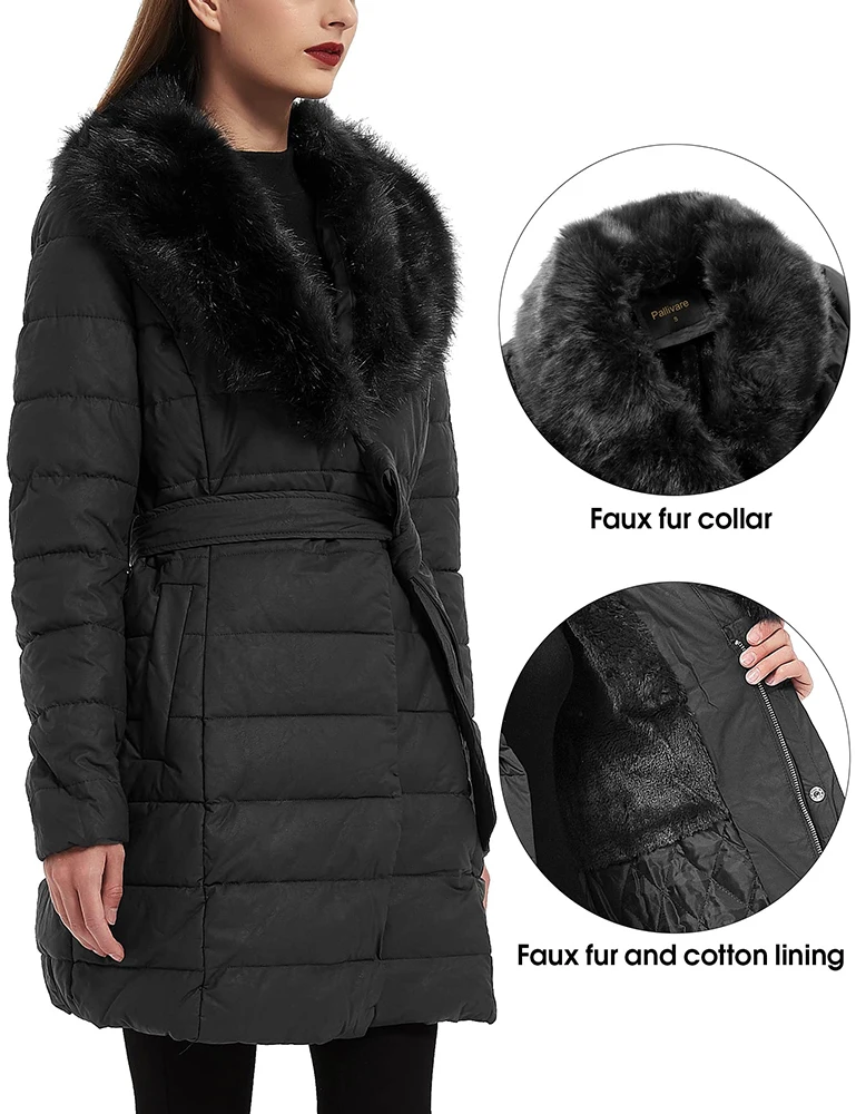 Giolshon New Women Leather Puffer Jacket Winter Warm Bubble Padding Long Puffer Coats With Detachable Faux Fur Collar