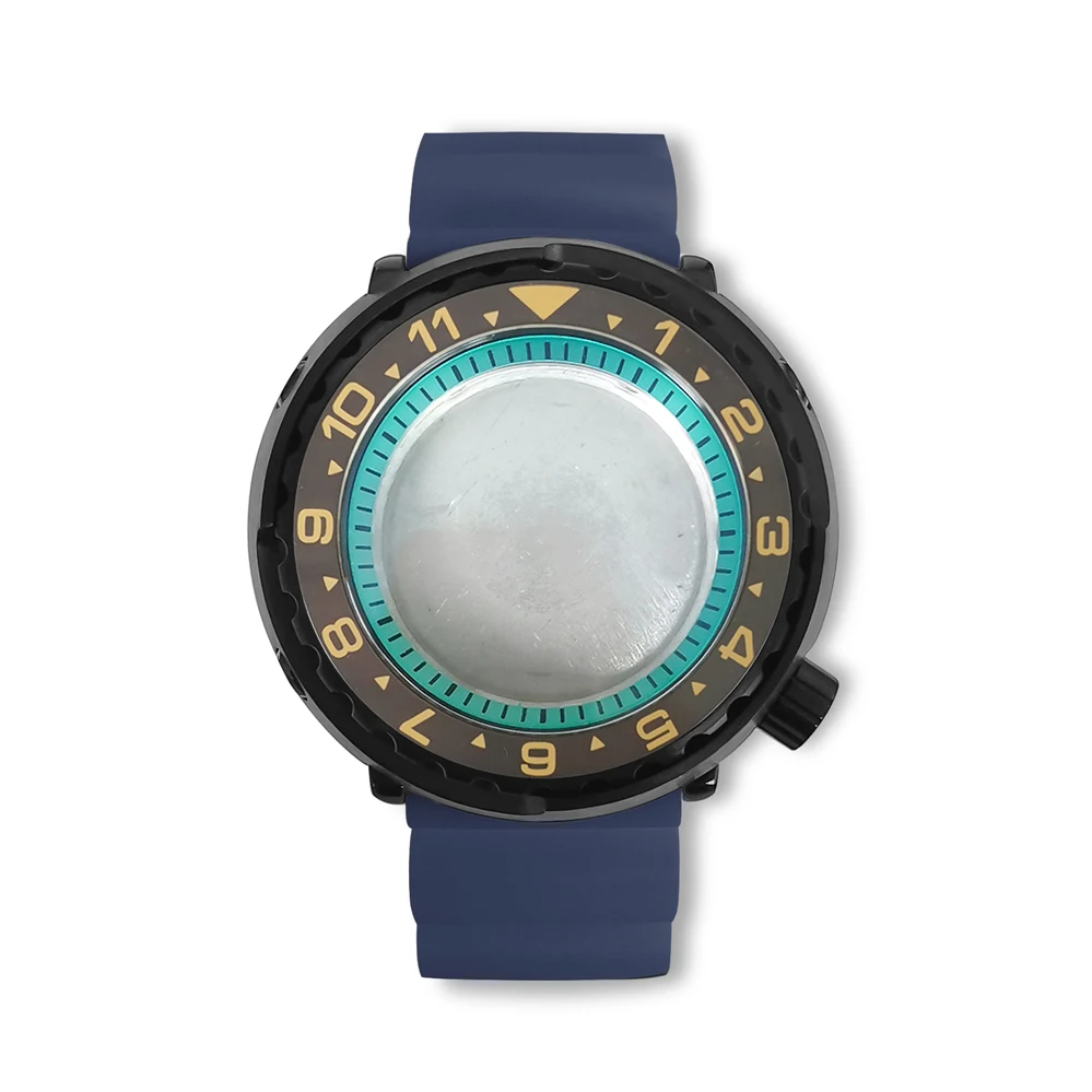 PVD Black 45mm Watch Case Can Case + Light Blue Inner Ring + Blue Rubber Strap Can Accomm Watch Caseodate NH35 NH36 Calibers