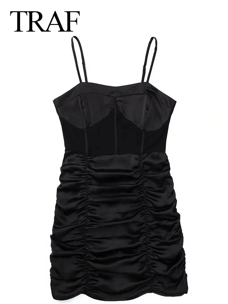 

TRAF Sexy Women Wrap Chest Sling Dress Tube Top Solid Color Black Slim Fit Smocked Backless Zipper Party Short Dress Summer