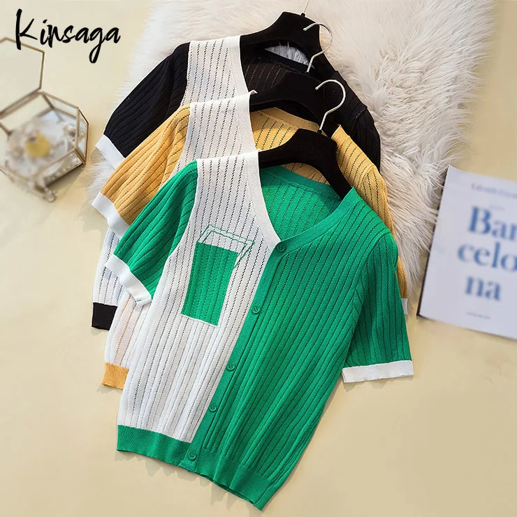 

Chic Color Block Patchwork Short Sleeve Ice Silk Cardigans for Women Summer Fashion See Through V-neck Loose Knitted Jumper Tops