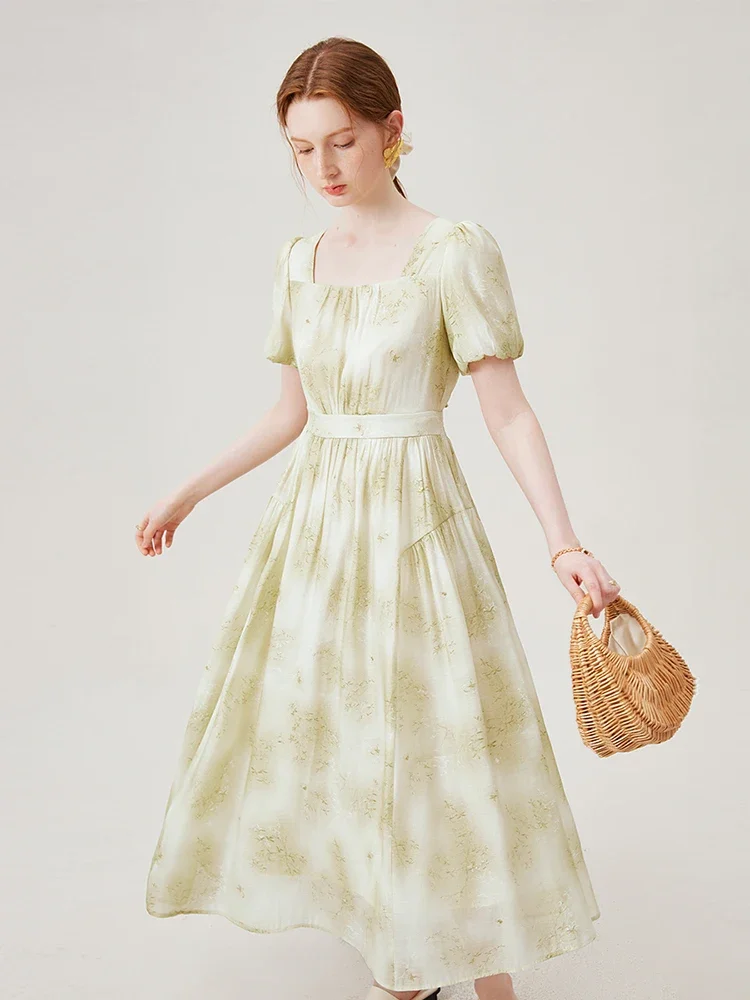 Летнее Длинное Женское Платье FSLE С Чернильным Принтом И Квадратным Вырезом