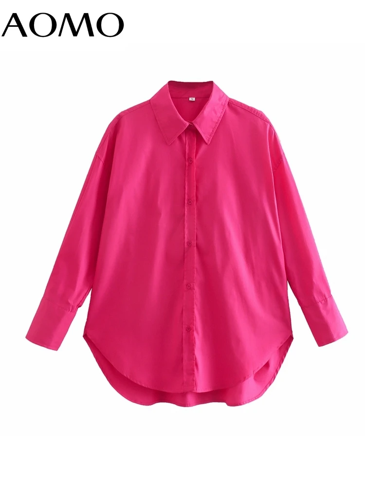 

AOMO 2022 Women Hotpink Loose Shirt Blouse Long Sleeve Chic Female Office Lady Tops XN79A