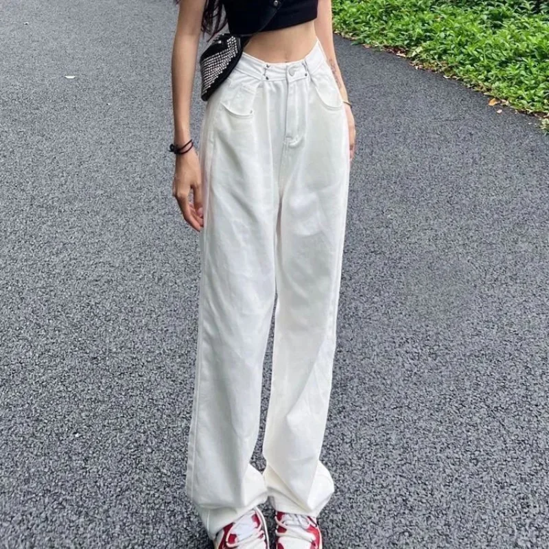 

Senior sense snap jeans women 2022 autumn winter new ins white retro high waist straight loose lean casual wide leg ladies pants