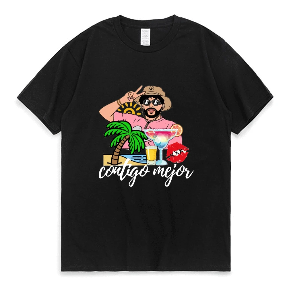 

Bad Bunny Singer UN VERANO SIN TI Music Album Double Sided Print T-shirt Hip Hop Street Trend Short Sleeve Tees Cotton T Shirt