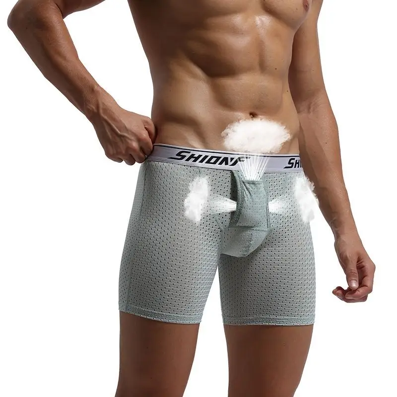 Men Ice Silk Breathable Long Boxers Cuecas Homme Health Care Pouch Underpants Sexy Penis Pouch Boxer Shorts Mesh Underwear
