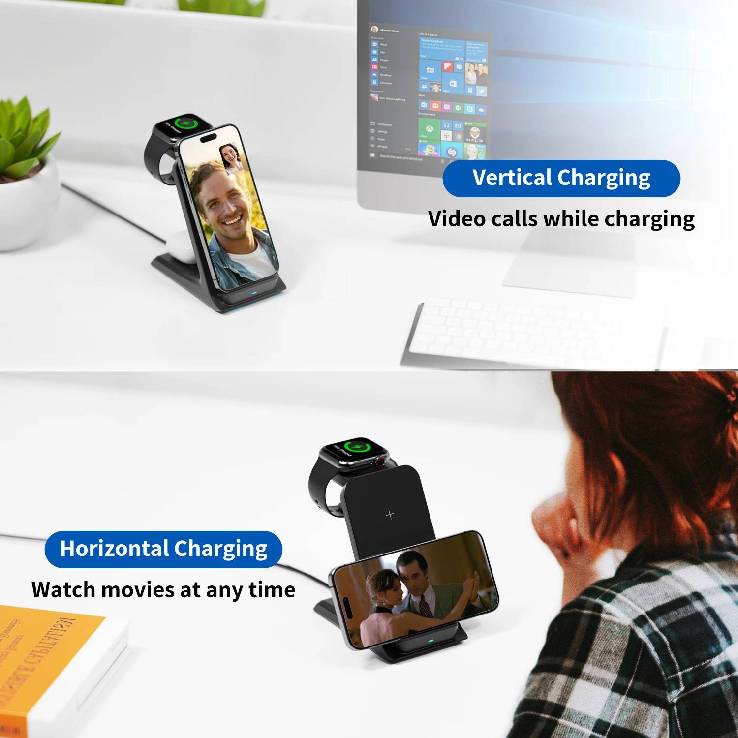 KPON 3 in 1 Wireless Charger Stand For iPhone 14 13 12 11 Apple Watch Ultra 8 7 6 5 Airpods Pro 2 3 Qi 15W Fast Charging Station 3