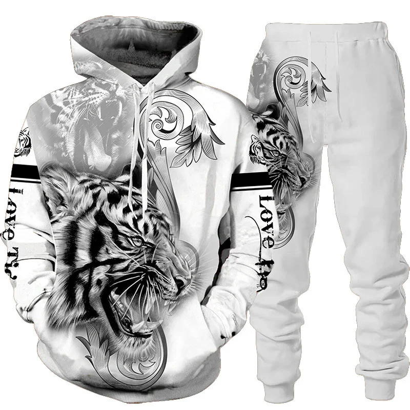 

New Autumn And Winter Men's Clothing Animal 3D Tiger Printed Hoodie + Pants Suit Cool Men/Women 2 Pcs Sportwear Tracksuit Set