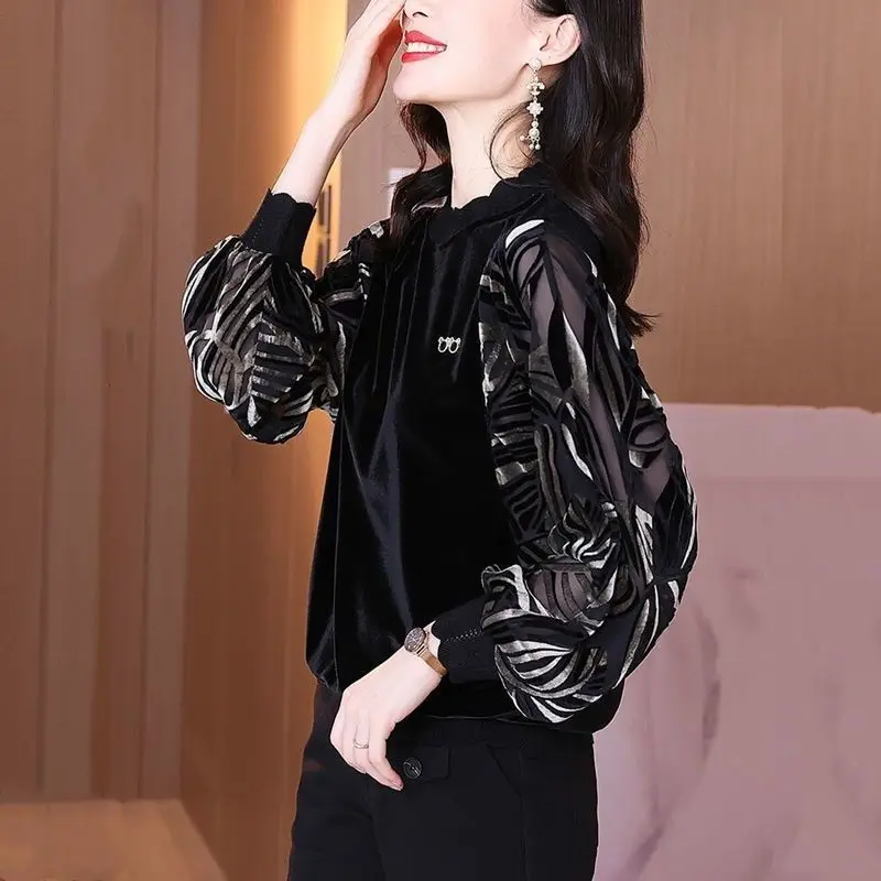 

Gold velvet top women's spring and autumn 2021 new loose retro flocking stitching top European style long-sleeved T-shirt