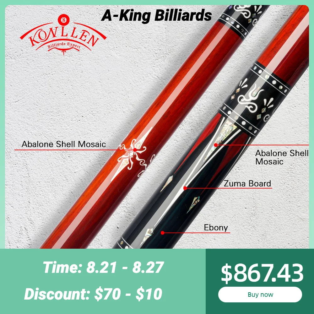 

KONLLEN Billiard Pool Cue 12.5mm Tip Solid Wood Shaft Tecnologia 3*8/8 Joint Real Inlay Cue Stick 148cm Red Cue With Extension