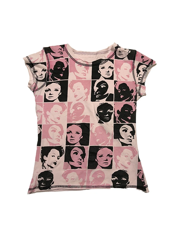 

Винтажный креативный розовый топ с коротким рукавом и мультяшным принтом, летняя футболка Gyaru, Свободный Повседневный кроп-топ с круглым вырезом Y2K, уличная одежда