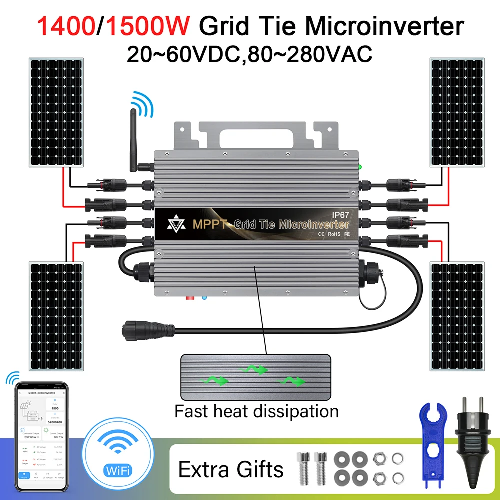 

1400W 1500W MPPT Grid Tie Micro Inverter IP67 With Built-in WiFi For 20-60VDC To 80-265VAC Grid With Free EU Plug,Ship From EU