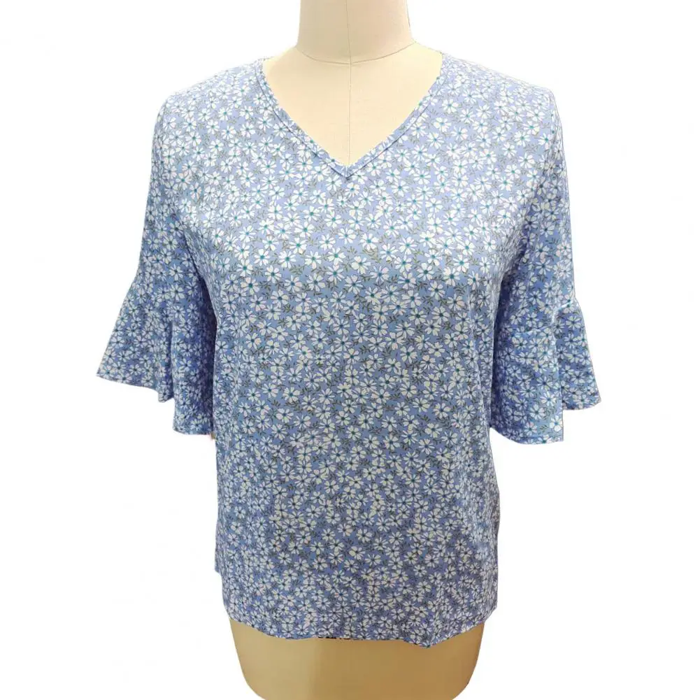 

Chic Women T-shirt Ruffle Half Sleeve Breathable Floral Print Girl Tee Shirt Quick Drying Tee Top Daily Garment