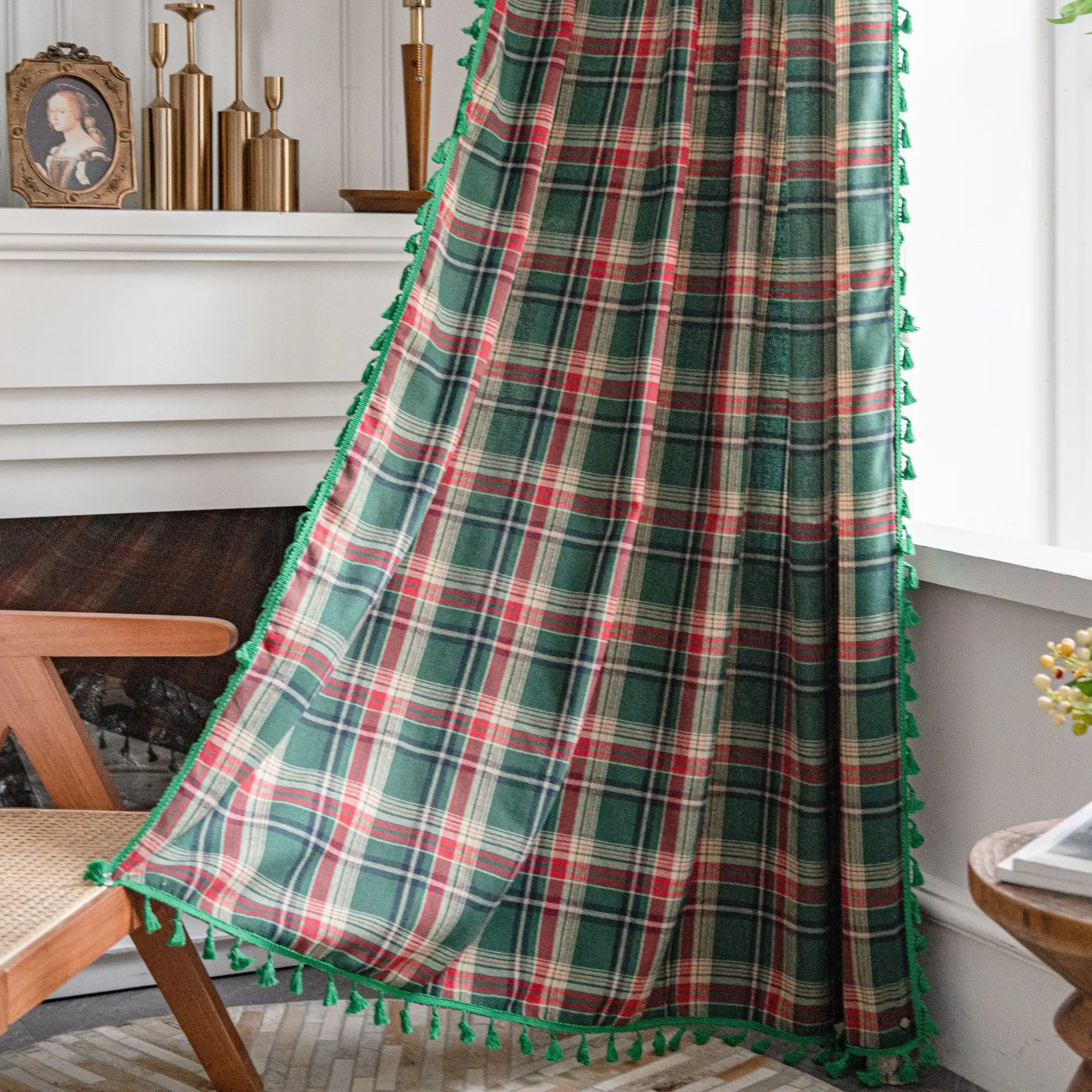 

Bay Window Curtain Semi-shading for Kitchen Living Room Bedroom Home Decoration Curtain American Plaid Yarn-dyed Cotton Linen