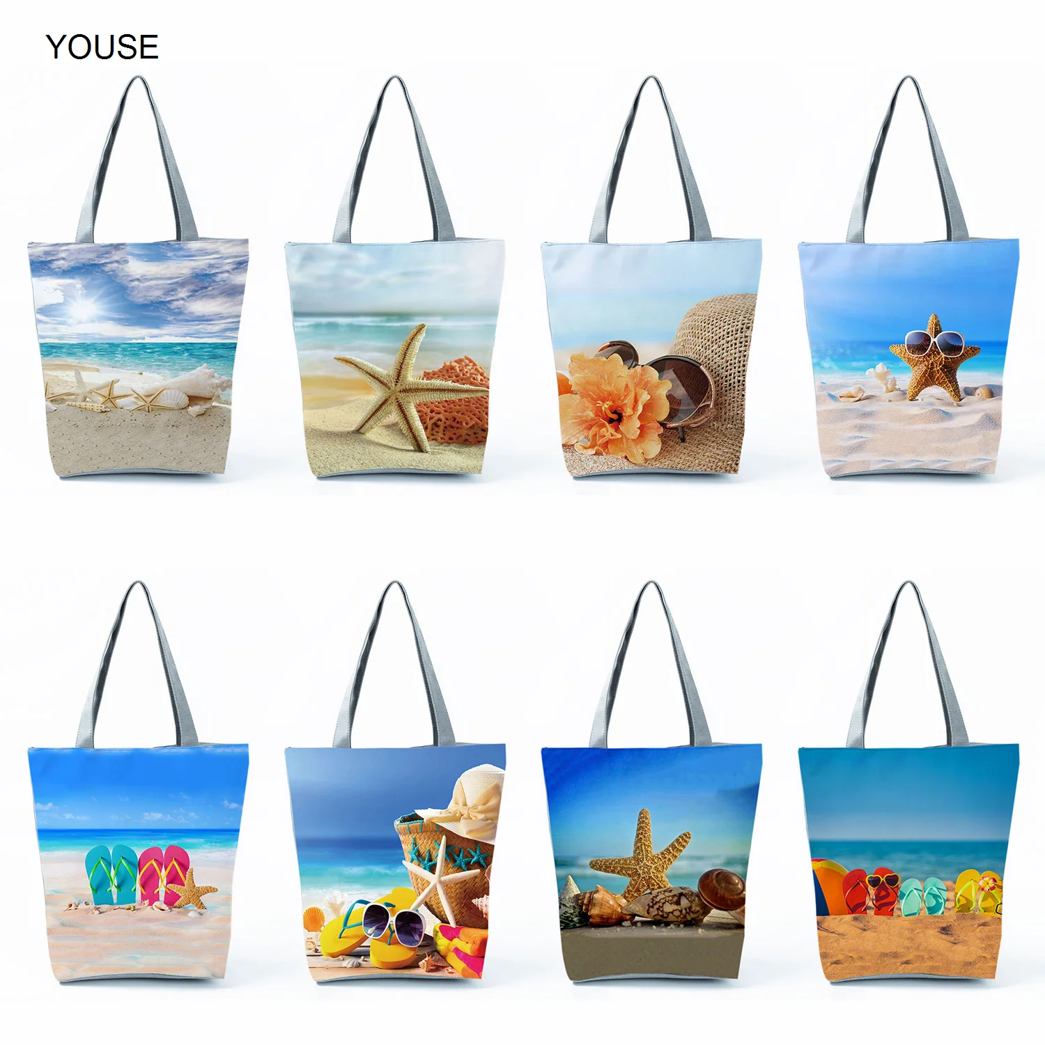 

YOUSE Customized Ocean Shell Print Cartoon Casual Practical Reusable Shoulder Shopping Bags High Capacity Travel Beach Bag