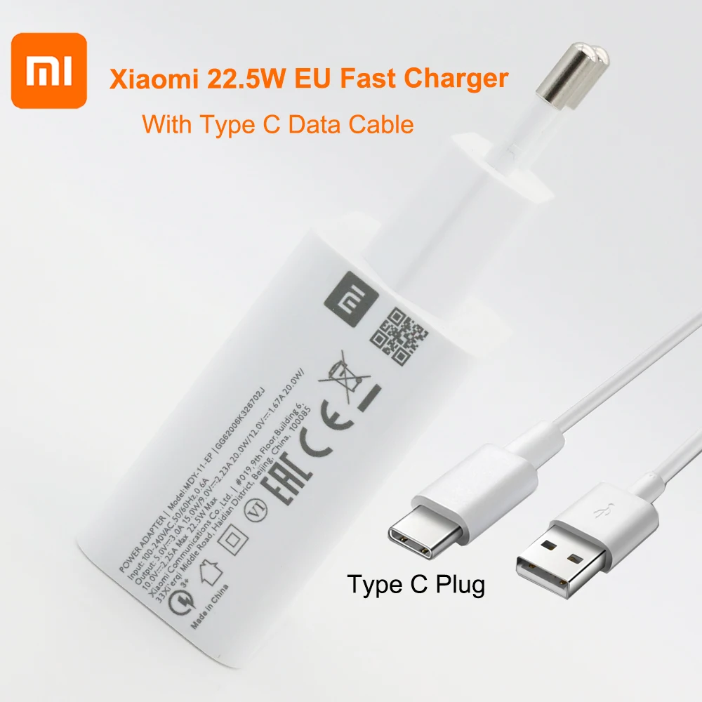 

Original Xiaomi 22.5W MDY-11-EP Fast Wall Charger 3A Type C Cable Quick Charge For Mi 110 9 9t 8 SE CC9 Redmi Note K30 Pro 9A 9C